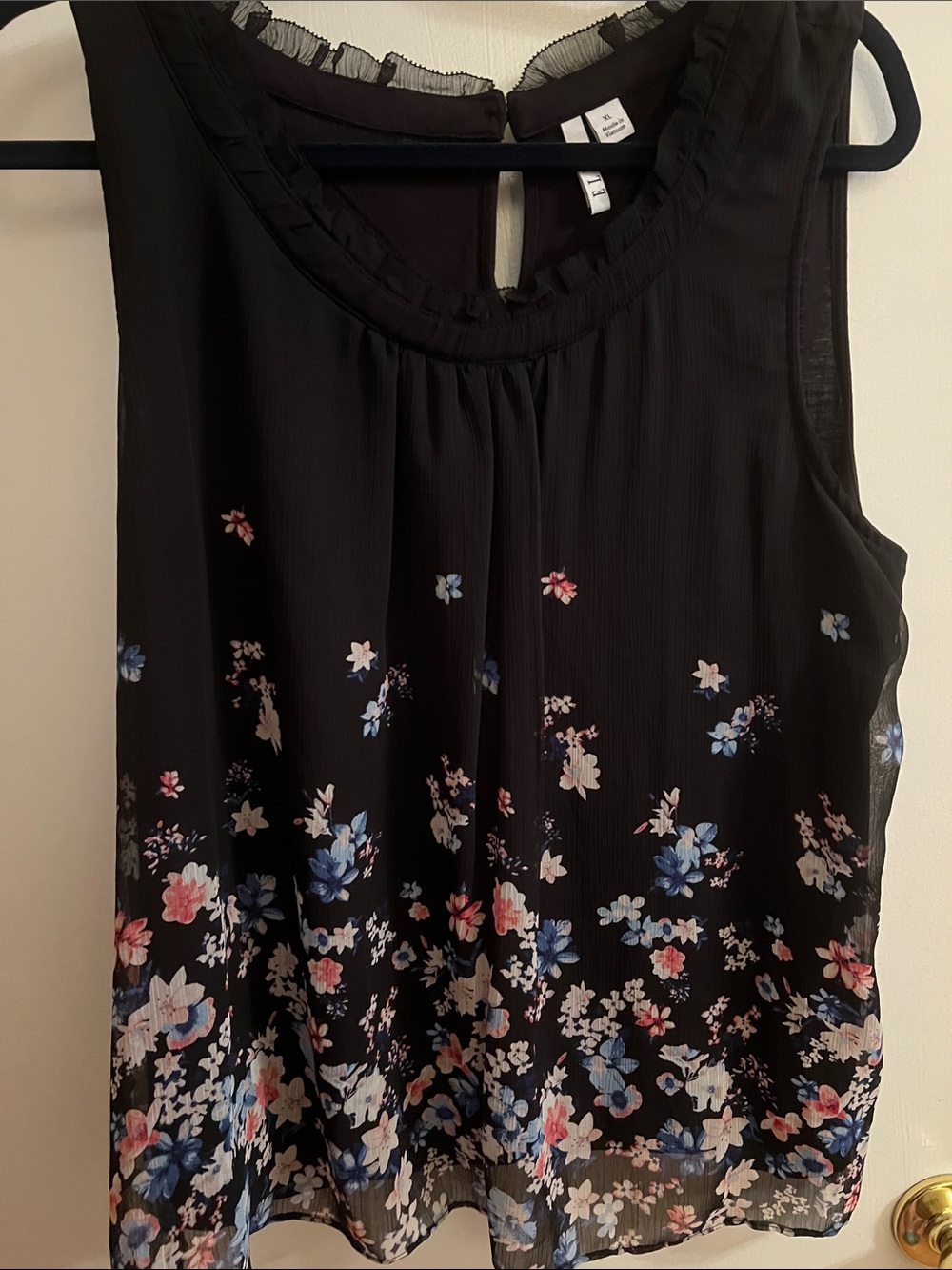 Elle Sleeveless Black Floral Ruffled Neck Blouse